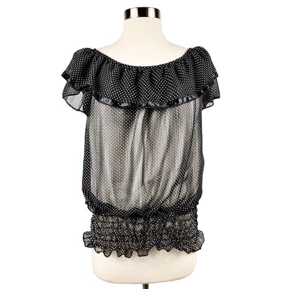 FROKEN SOT Blouse Black White Polka Dot Ruffles Sheer Top Retro Small Rockabilly - Picture 2 of 8